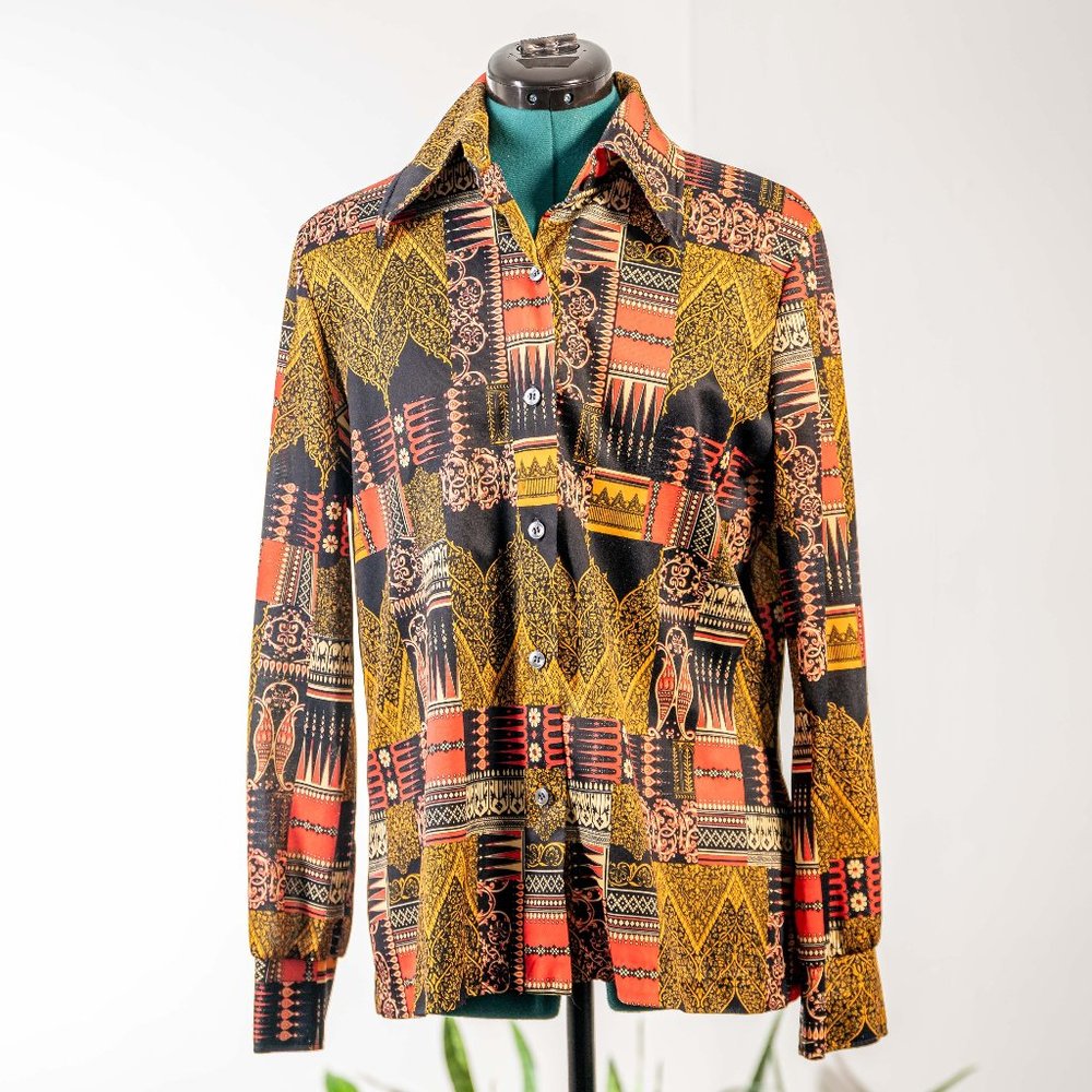 Vintage 1970s Style Button Down Patterned Blouse … - image 1